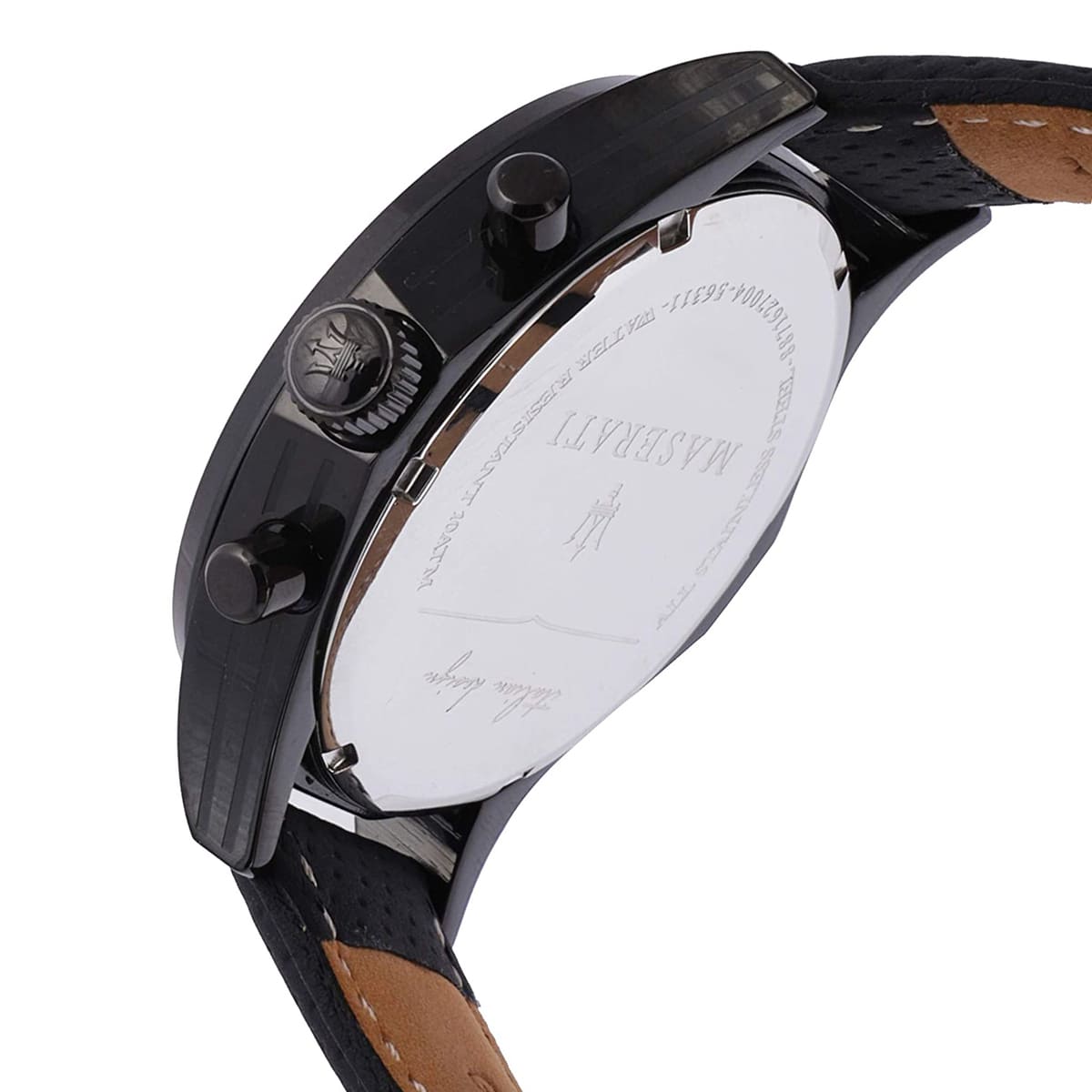Side profile of Maserati Circuito R8871627004 men's quartz battery watch showing 12mm thickness and black finish