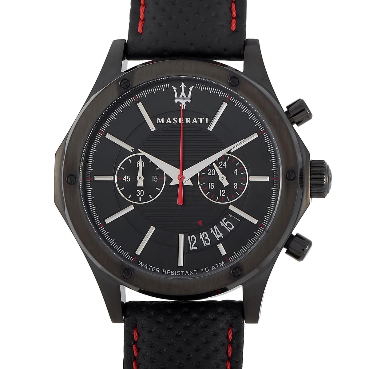 Maserati watch with black dial and red accents on a white background