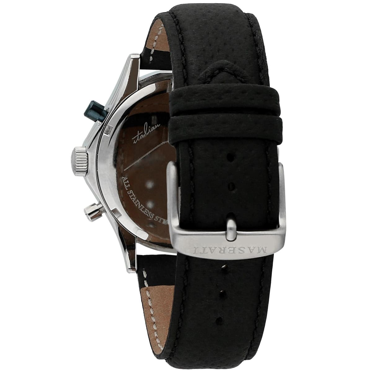 Silver-tone buckle clasp on Maserati Circuito R8871627005 men's quartz battery black leather strap watch