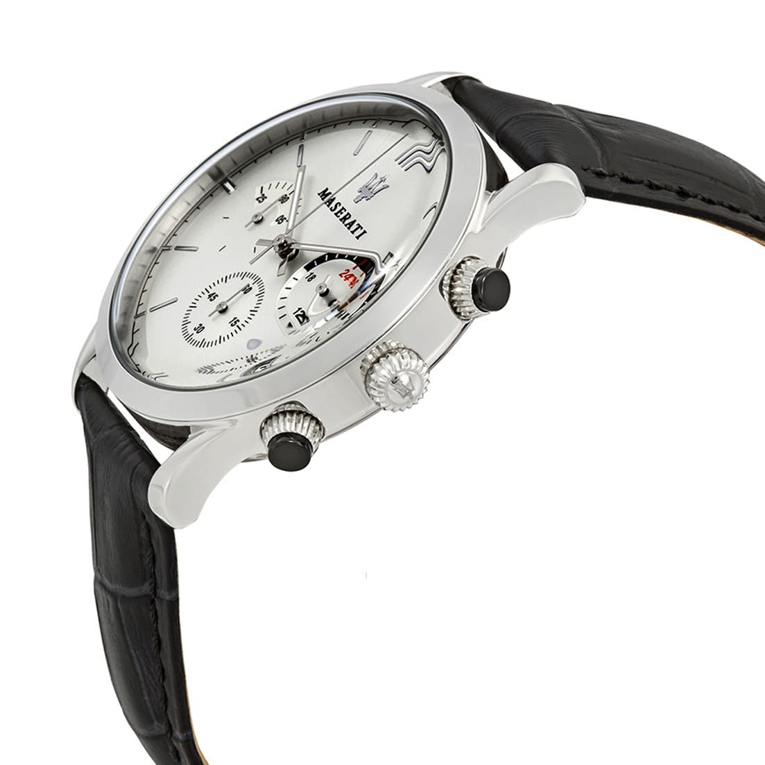 Right angled view of Maserati Ricordo R8871633001 men's quartz battery watch highlighting silver finish and chronograph sub-dial details