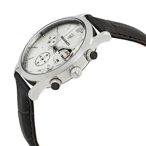 Right angled view of Maserati Ricordo R8871633001 men's quartz battery watch highlighting silver finish and chronograph sub-dial details