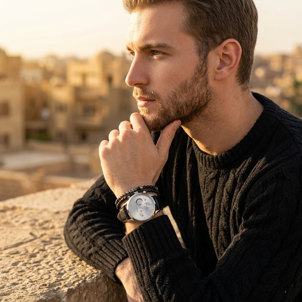 Elegant man wearing Maserati Ricordo R8871633001 men's quartz battery watch with silver case and luxury silver dial