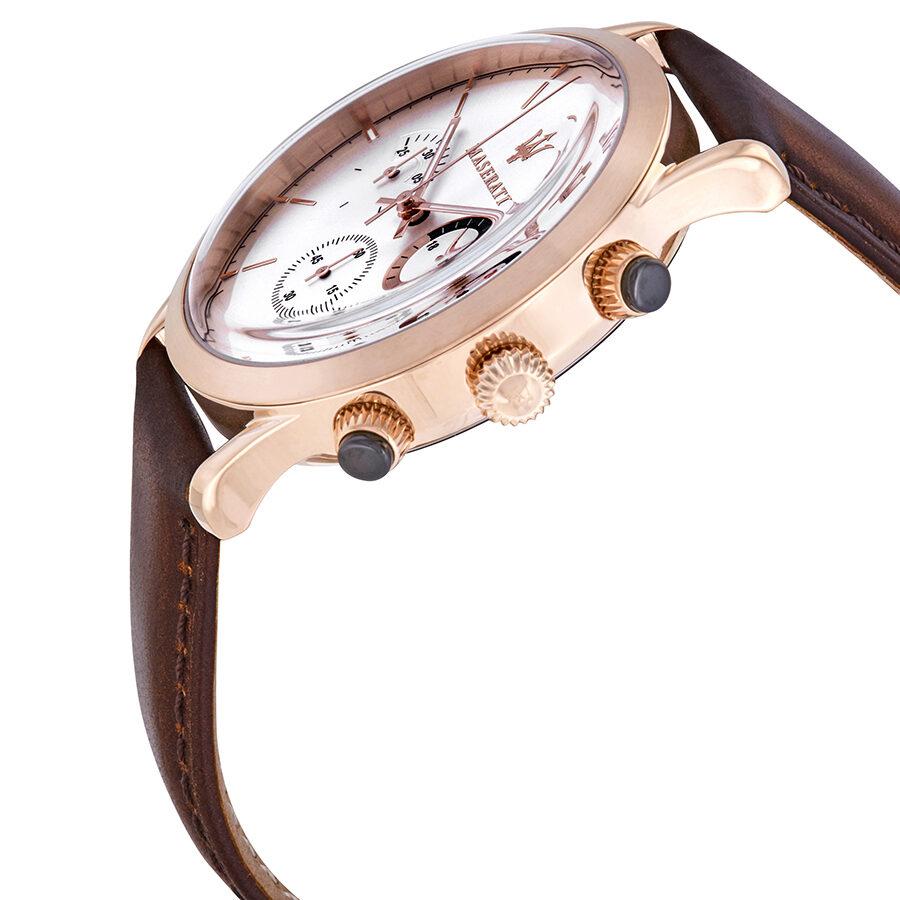 Right angled view of Maserati Ricordo R8871633002 men's quartz battery watch highlighting rose gold finish and silver dial details