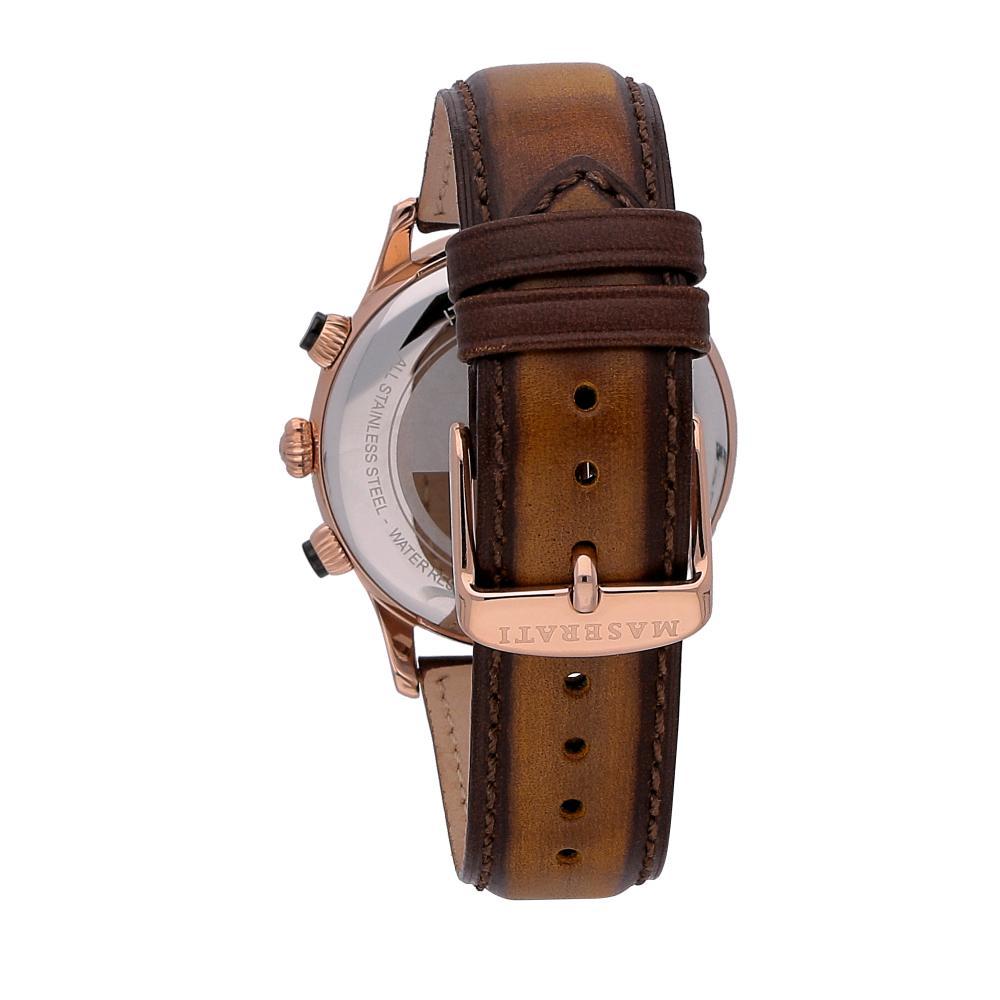 Caseback of Maserati Ricordo R8871633002 men's quartz battery watch showing technical specs 50m water resistance and leather strap