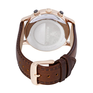 Caseback of Maserati Ricordo R8871633002 men's quartz battery watch showing technical specs 50m water resistance and leather strap