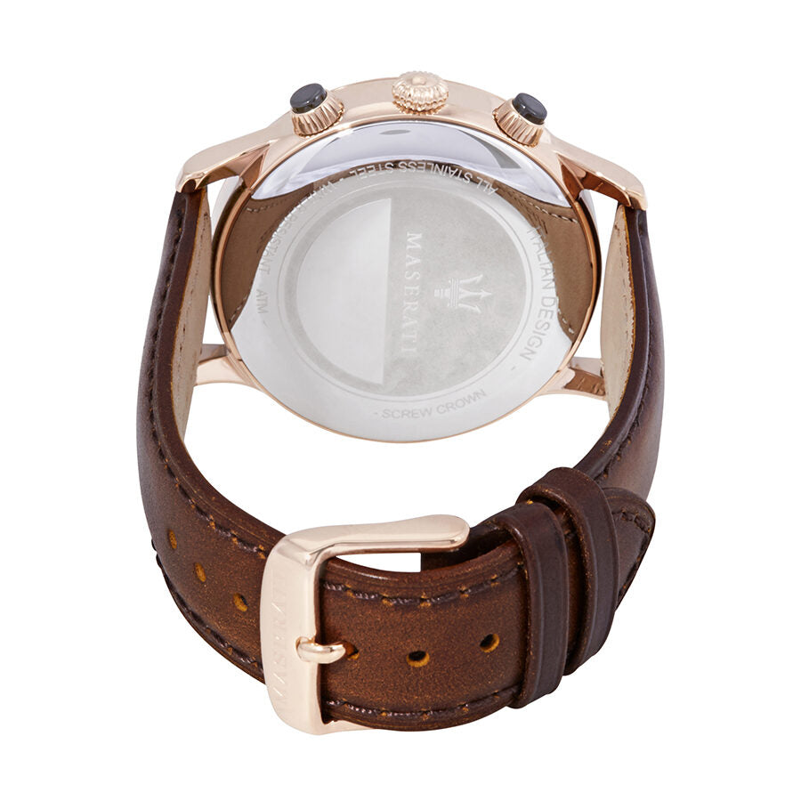 Caseback of Maserati Ricordo R8871633002 men's quartz battery watch showing technical specs 50m water resistance and leather strap