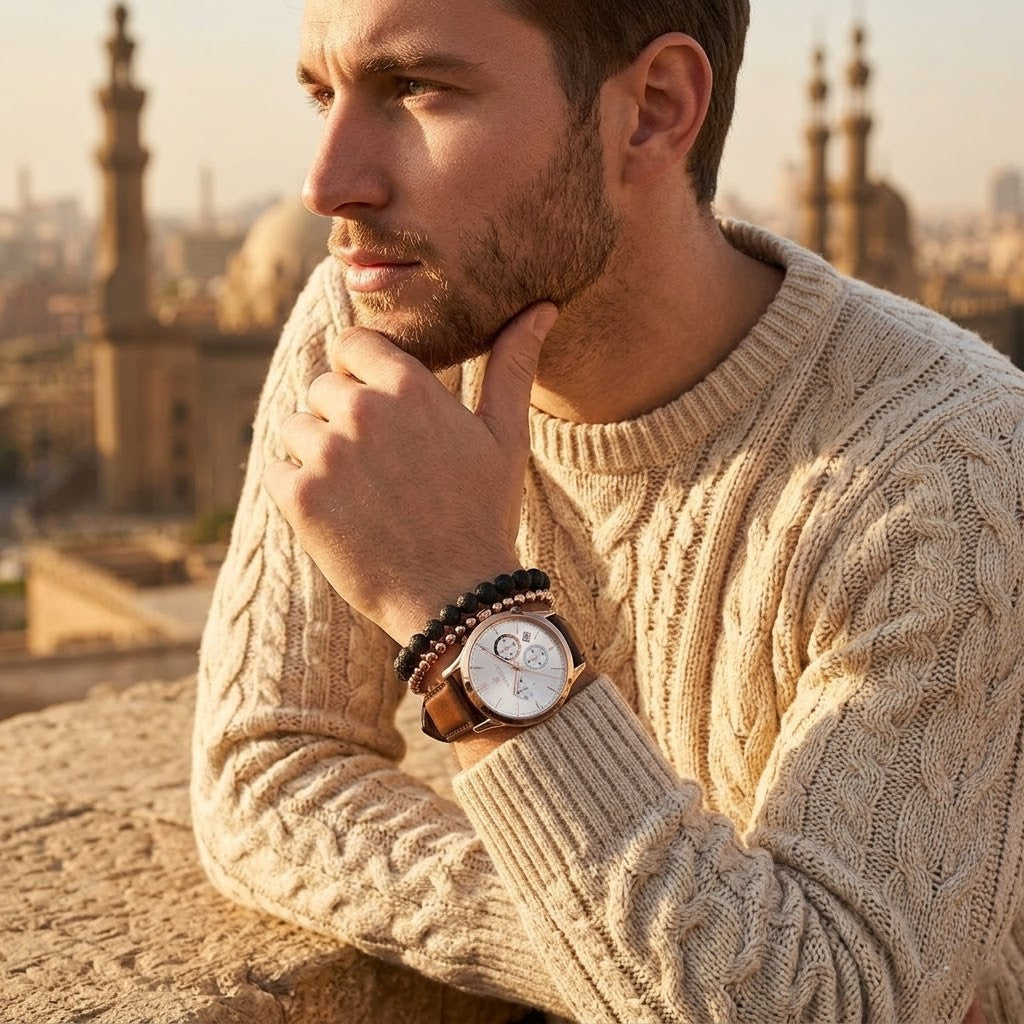 Elegant man wearing Maserati Ricordo R8871633002 men's quartz battery watch with rose gold case and luxury silver dial