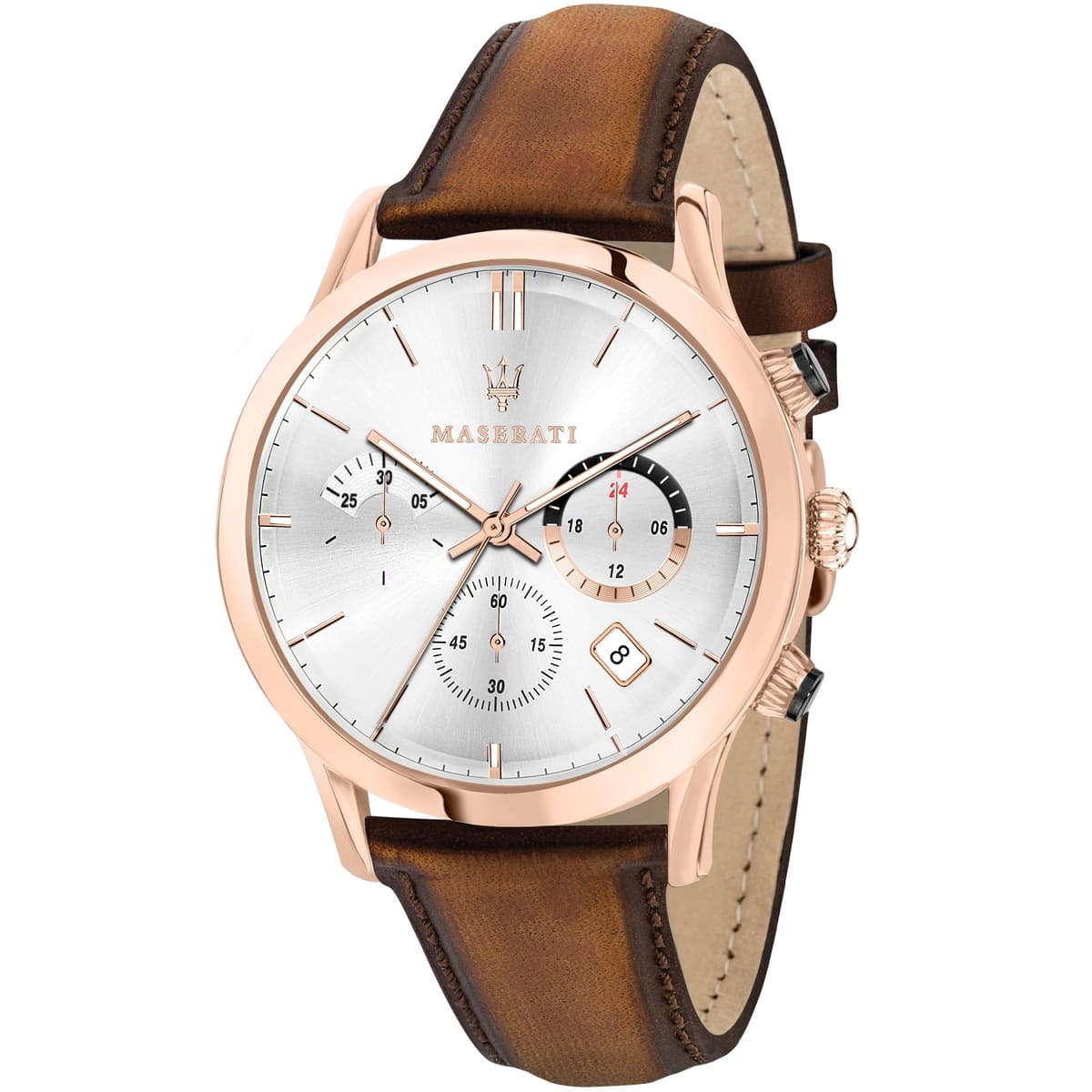 Maserati Ricordo R8871633002 men's quartz battery watch with silver sunray dial, rose gold-tone case, brown leather strap main view