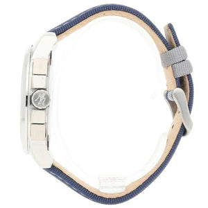 Caseback of Maserati Royale R8871637001 men's quartz battery watch showing technical specs 50m water resistance and fabric strap