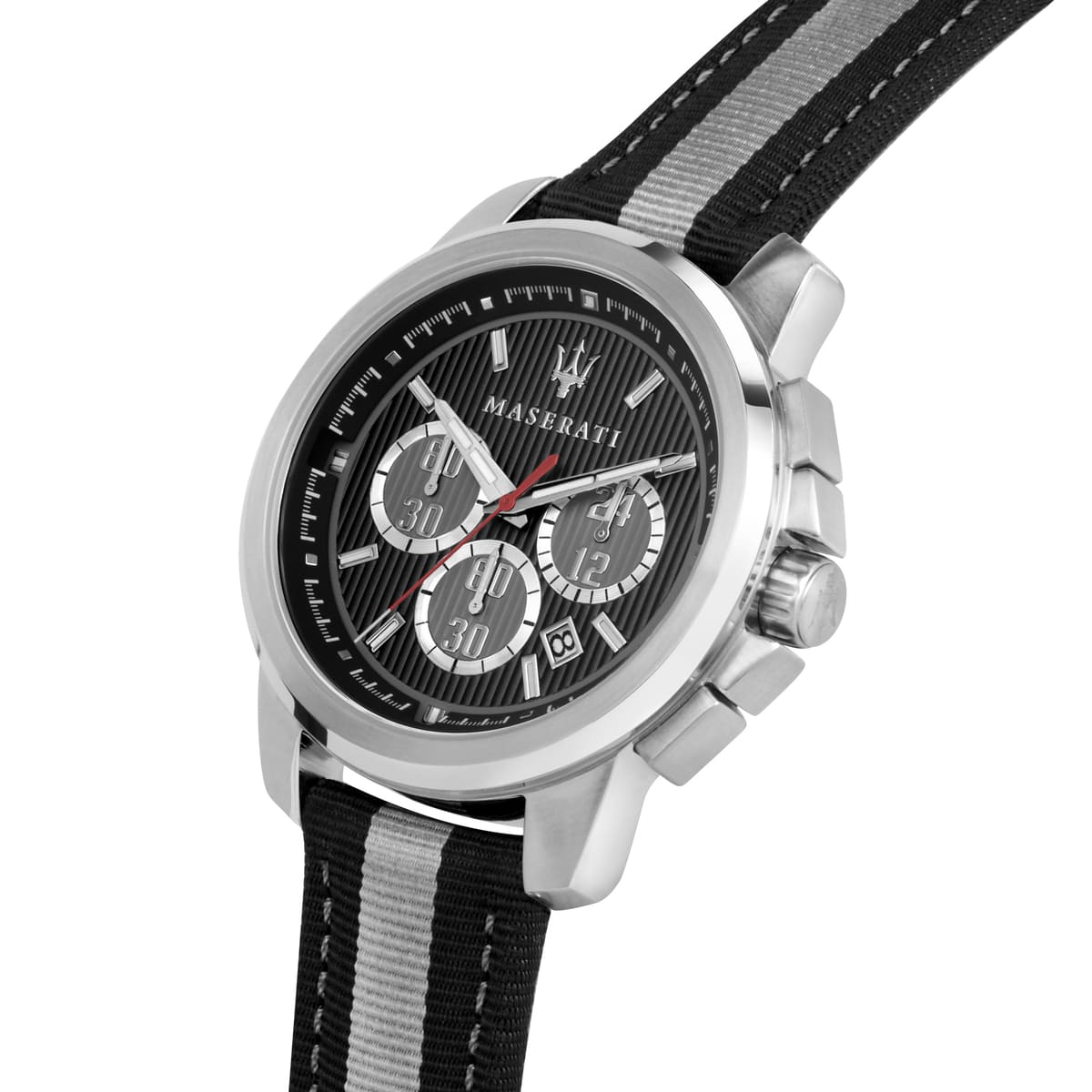 Right angled view of Maserati Royale R8871637002 men's quartz battery watch highlighting black finish and silver sub-dial details