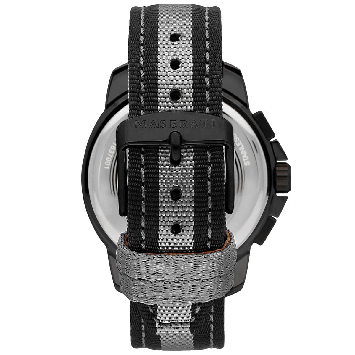 Black-tone buckle clasp on Maserati Royale R8871637002 men's quartz battery striped fiber strap watch