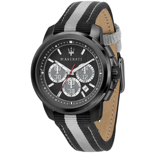 Maserati Royale R8871637002 men's quartz battery watch with black racing dial, black-tone case, black and grey striped fiber strap main view