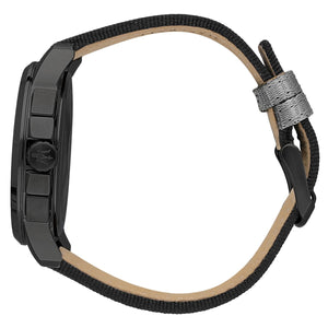 Side profile of Maserati Royale R8871637002 men's quartz battery watch showing 12mm thickness and black finish