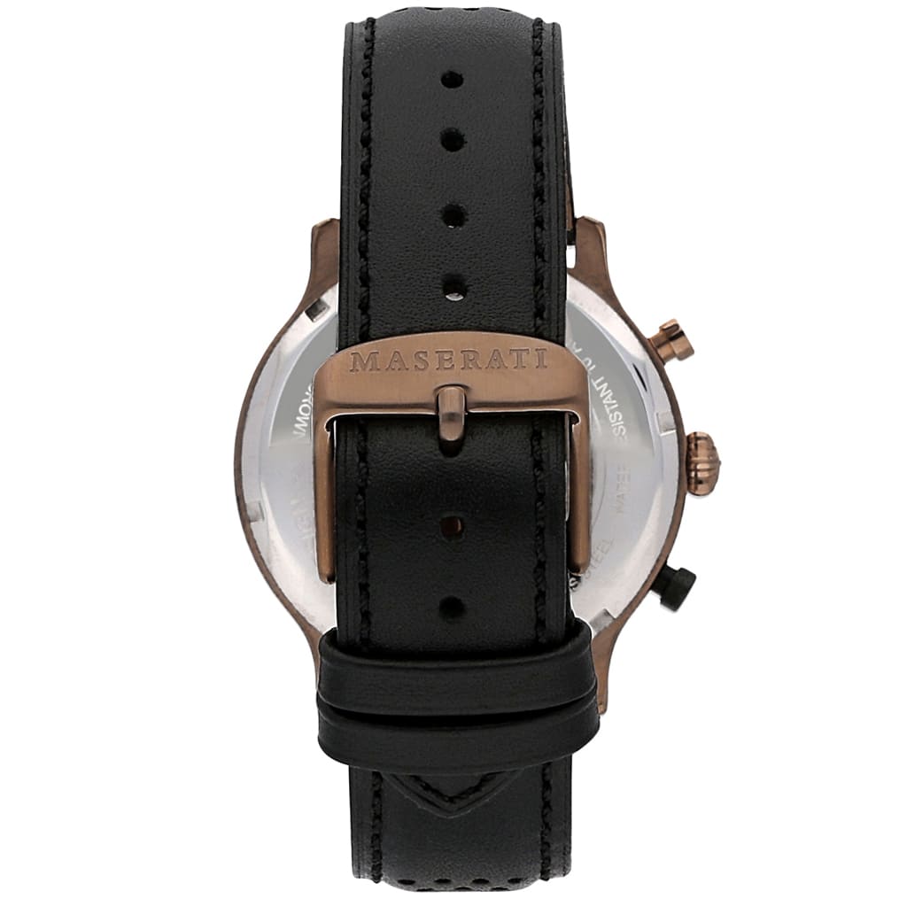 Bronze-tone buckle clasp on Maserati Legend R8871638001 men's quartz battery perforated black leather strap watch