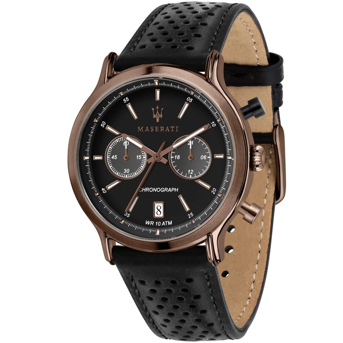 Maserati Legend R8871638001 men's quartz battery watch with black dial, bronze-tone case, perforated black leather strap main view