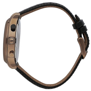 Detailed view of bronze-tone crown and vintage style pushers on Maserati Legend R8871638001 men's quartz battery watch