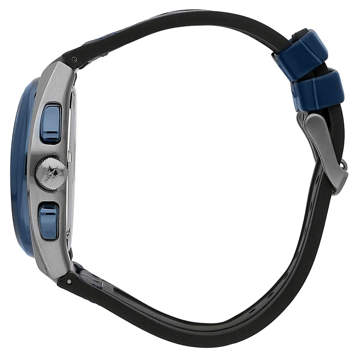 Caseback of Maserati Triconic R8871639001 men's quartz battery watch showing technical specs 100m water resistance and rubber strap