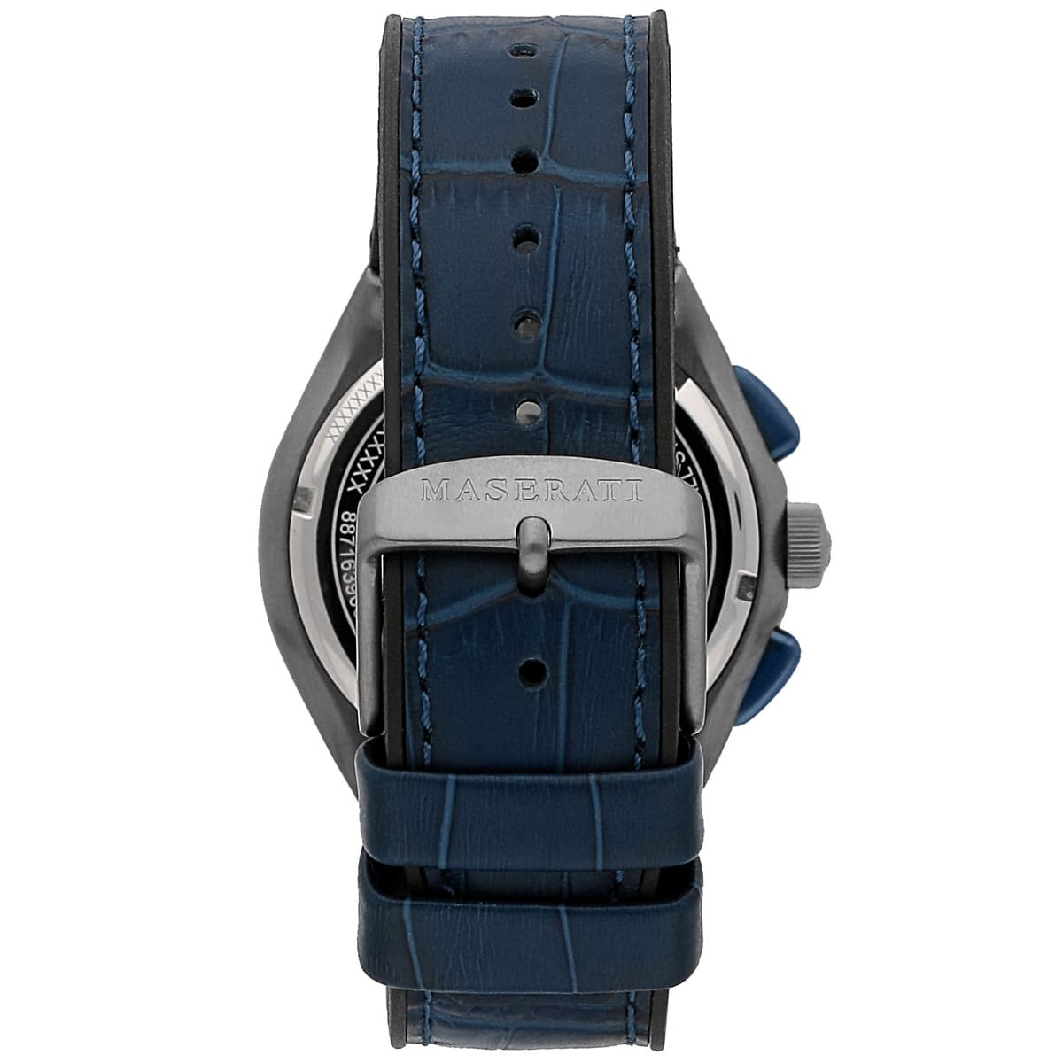 Grey-tone buckle clasp on Maserati Triconic R8871639001 men's quartz battery blue rubber strap watch