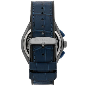 Grey-tone buckle clasp on Maserati Triconic R8871639001 men's quartz battery blue rubber strap watch