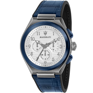 Maserati Triconic R8871639001 men's quartz battery watch with white striped dial, grey matte case, blue rubber strap main view