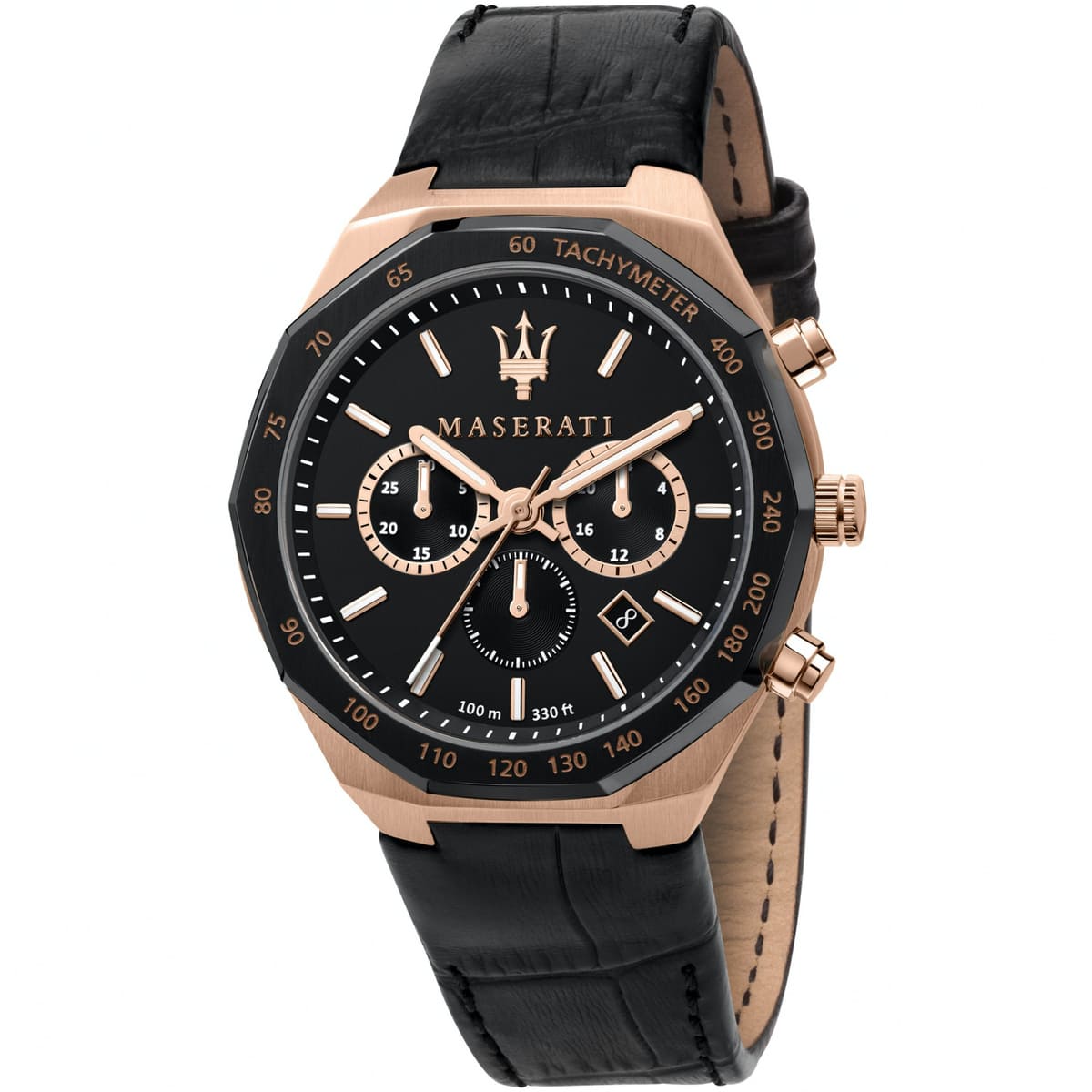 Maserati Stile Chronograph R8871642001 men's quartz battery watch with black dial, rose gold-tone chronograph sub-dials, black octagonal bezel, rose gold-tone case and black leather strap main view