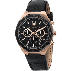 Maserati Stile Chronograph R8871642001 men's quartz battery watch with black dial, rose gold-tone chronograph sub-dials, black octagonal bezel, rose gold-tone case and black leather strap main view