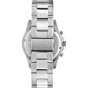 Caseback of Maserati Competizione R8873600002 men's quartz battery watch showing technical specs 100m water resistance and metal bracelet