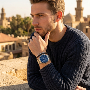 Elegant man wearing Maserati Competizione R8873600002 men's quartz battery watch with silver-tone case and diver style blue dial