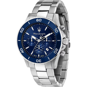 Maserati Competizione R8873600002 men's quartz battery watch with blue dial, silver-tone case, blue diver bezel, silver stainless steel bracelet main view
