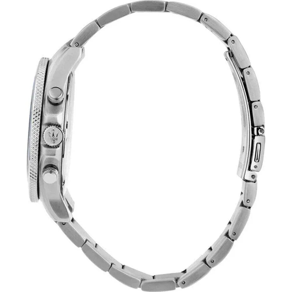 Side profile of Maserati Competizione R8873600002 men's quartz battery watch showing 12mm thickness and silver finish