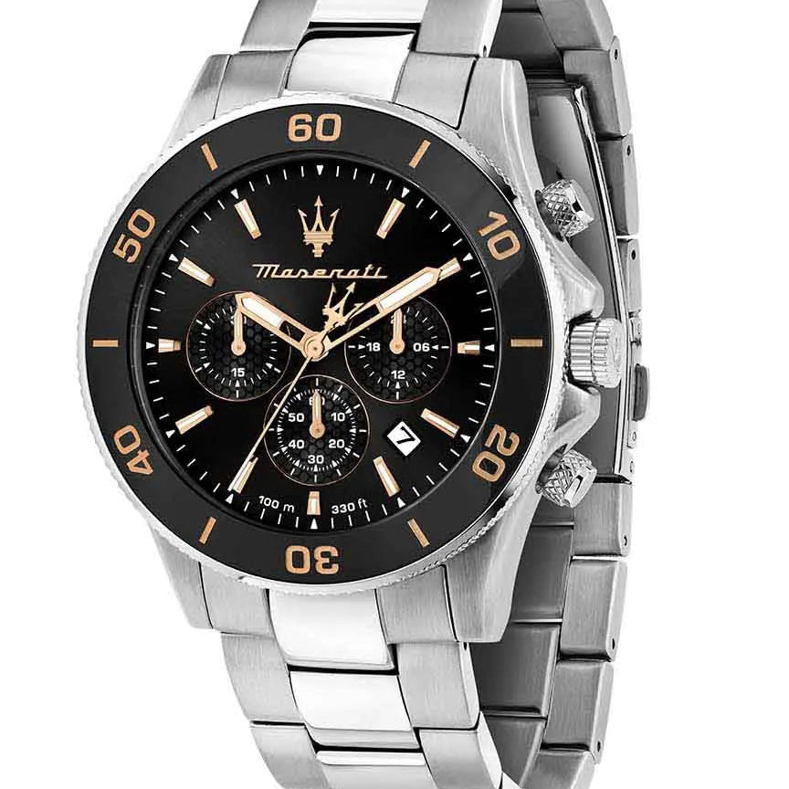 Maserati Competizione R8873600003 men's watch with silver case, black bezel, rose gold accents, and silver link bracelet