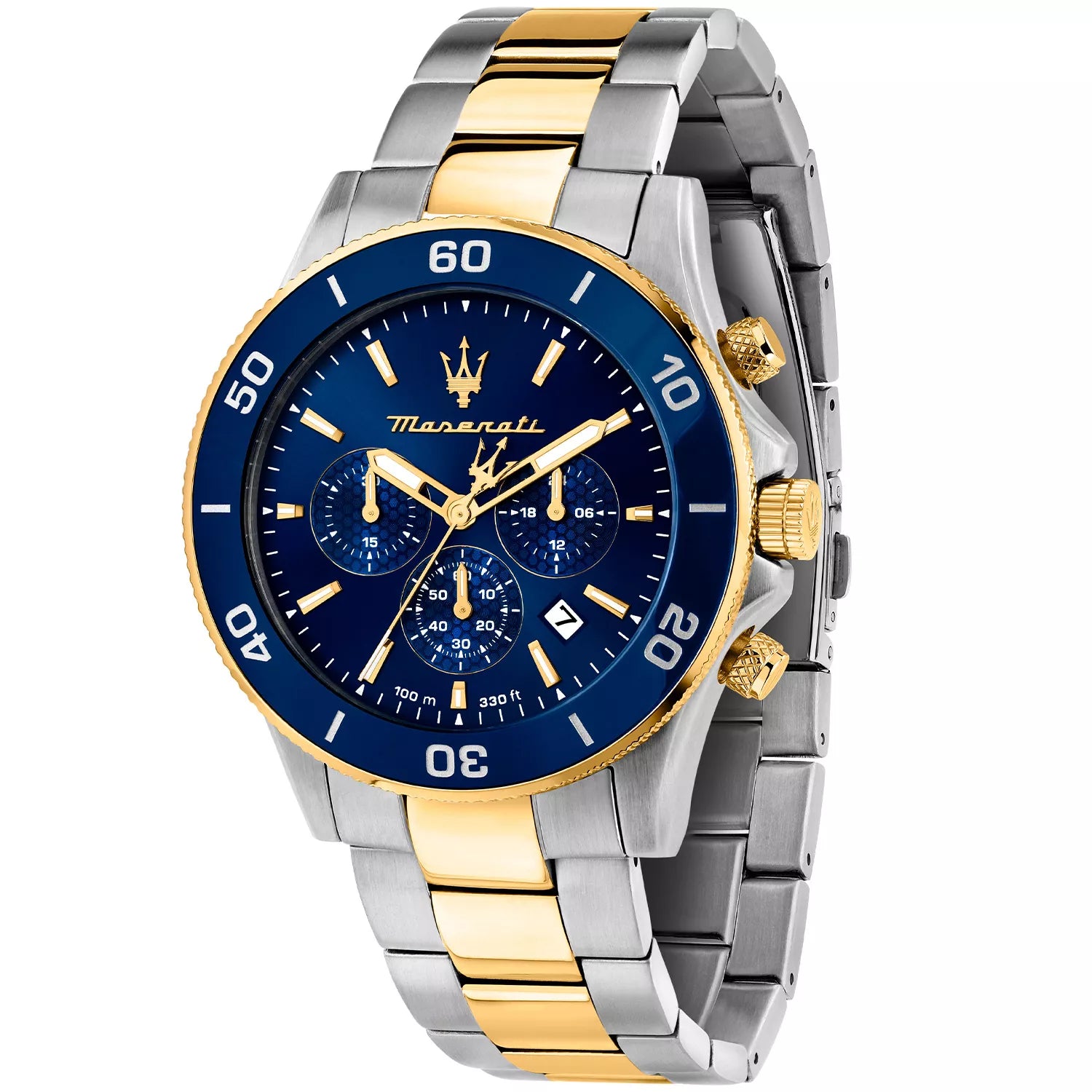Maserati Competizione R8873600006 men's quartz battery watch with blue dial, two-tone case, blue diver bezel, two-tone stainless steel bracelet main view