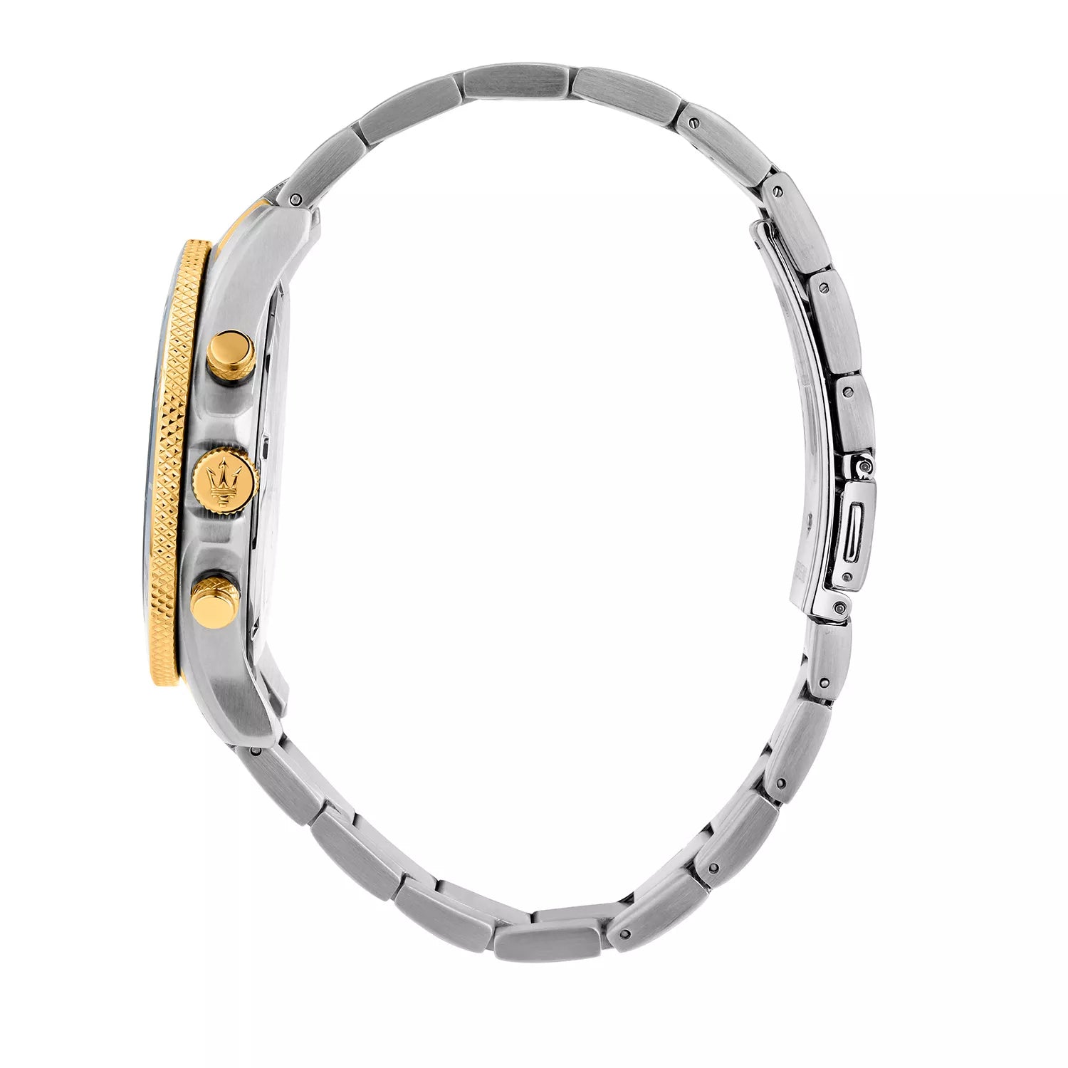 Side profile of Maserati Competizione R8873600006 men's quartz battery watch showing 12mm thickness and two-tone finish