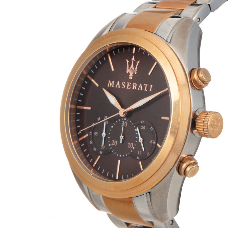 Right angled view of Maserati Traguardo R8873612003 men's quartz battery watch highlighting rose gold bezel and chronograph details
