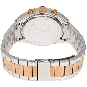 Caseback of Maserati Traguardo R8873612003 men's quartz battery watch showing technical specs 100m water resistance and metal bracelet