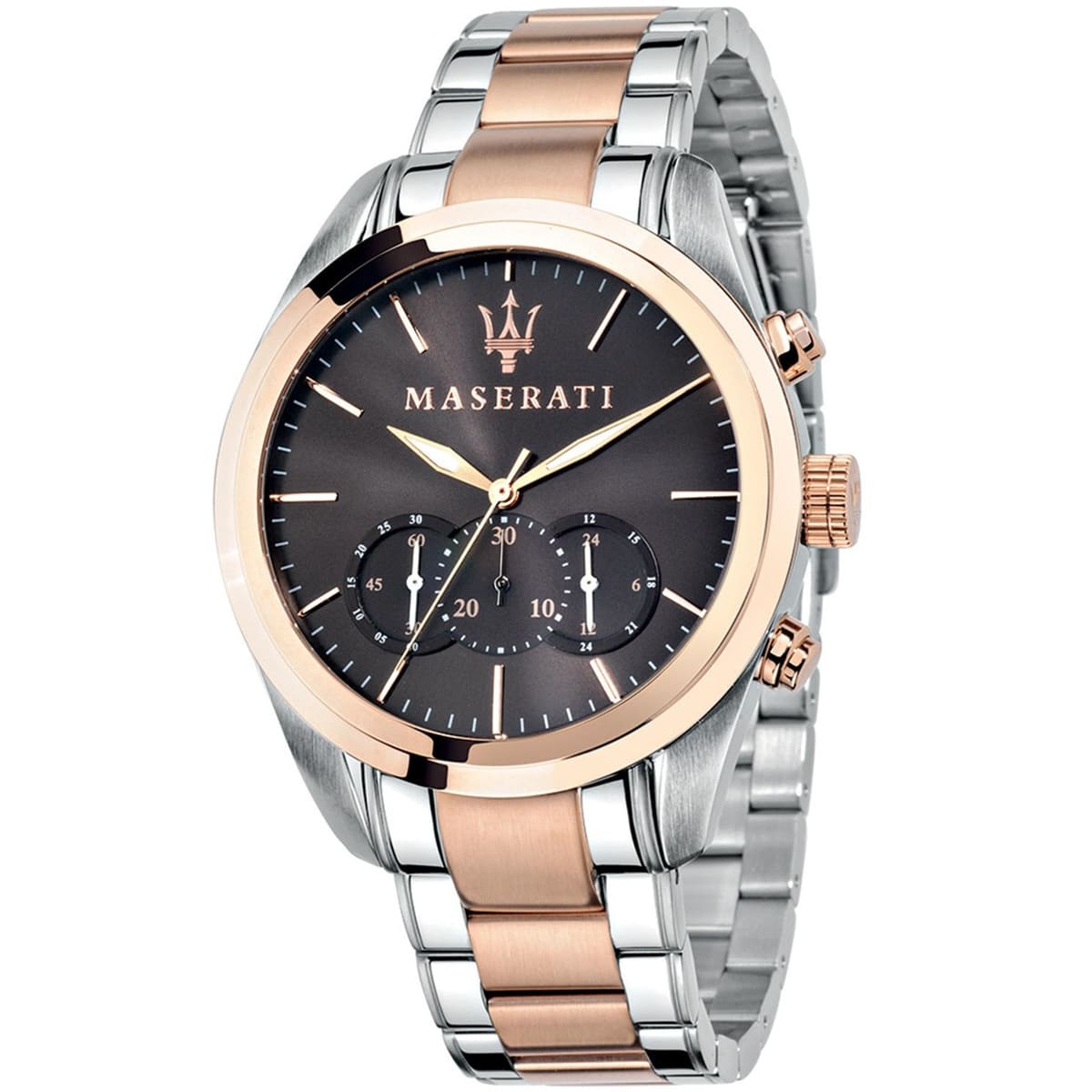 Maserati Traguardo R8873612003 men's quartz battery watch with brown sunray dial, silver and rose gold-tone case, two-tone stainless steel bracelet main view