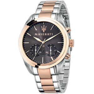 Maserati Traguardo R8873612003 men's quartz battery watch with brown sunray dial, silver and rose gold-tone case, two-tone stainless steel bracelet main view