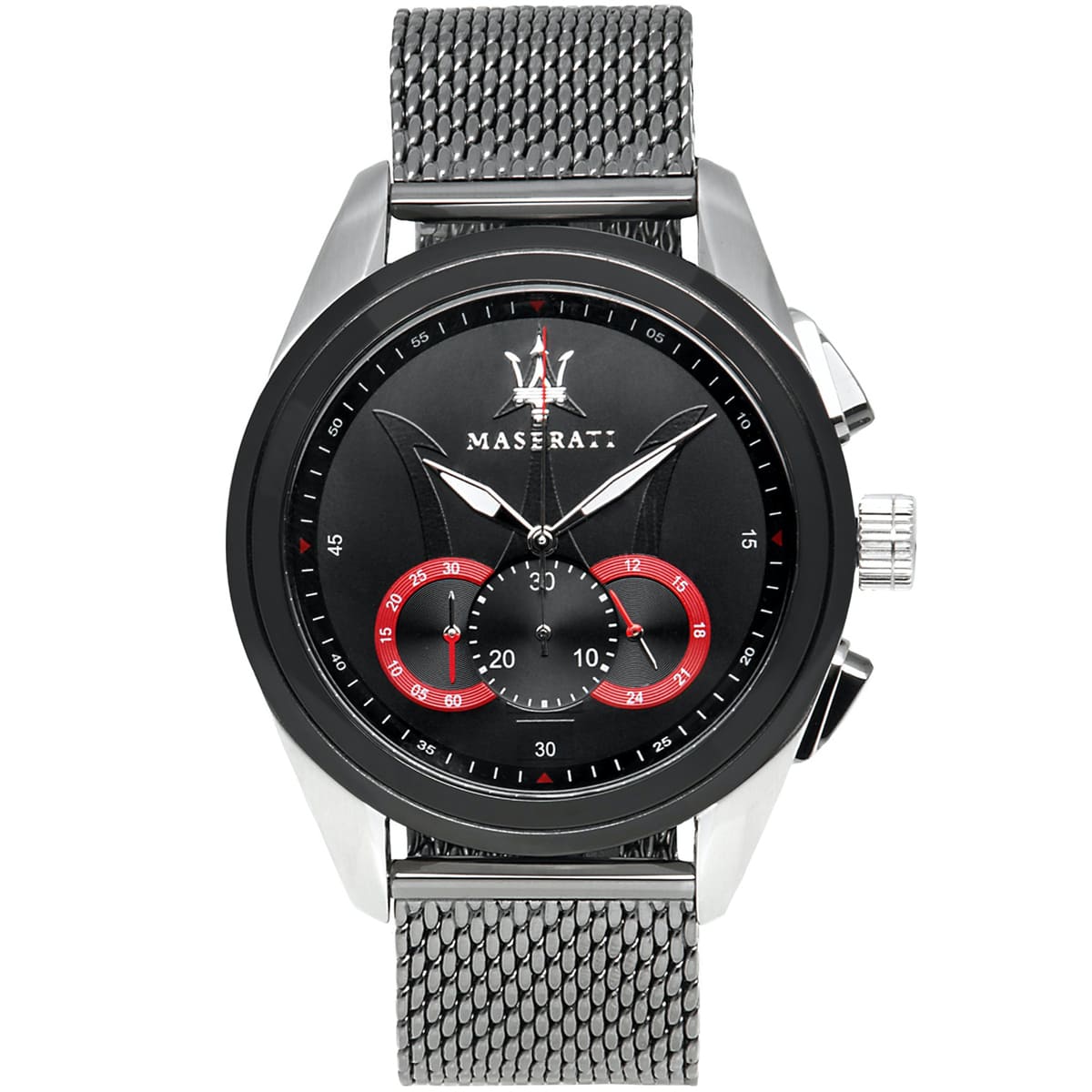 Maserati Traguardo R8873612005 men's watch with silver stainless steel case, black dial, and silver Milanese mesh strap