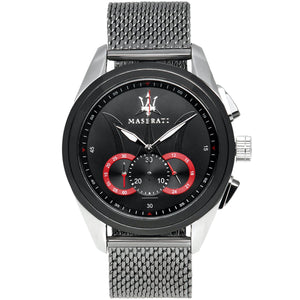 Maserati Traguardo R8873612005 men's watch with silver stainless steel case, black dial, and silver Milanese mesh strap