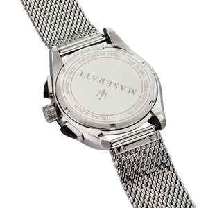 Back view of the Maserati R8873612005 watch showing the stainless steel caseback and technical specs