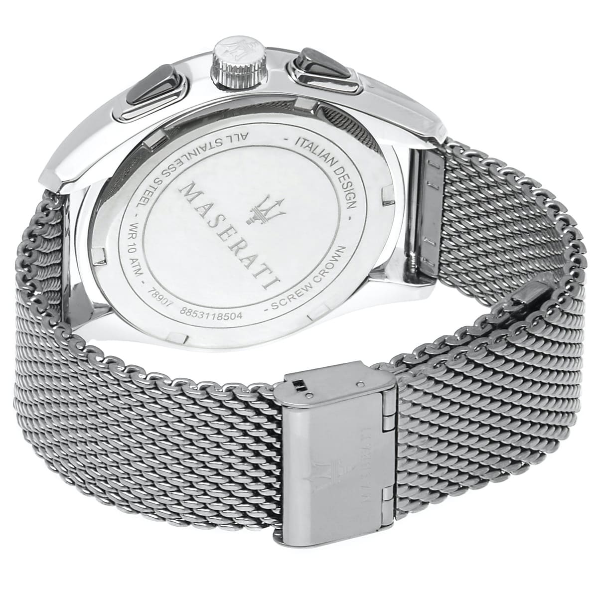Back view of the Maserati R8873612005 watch showing the stainless steel caseback and technical specs