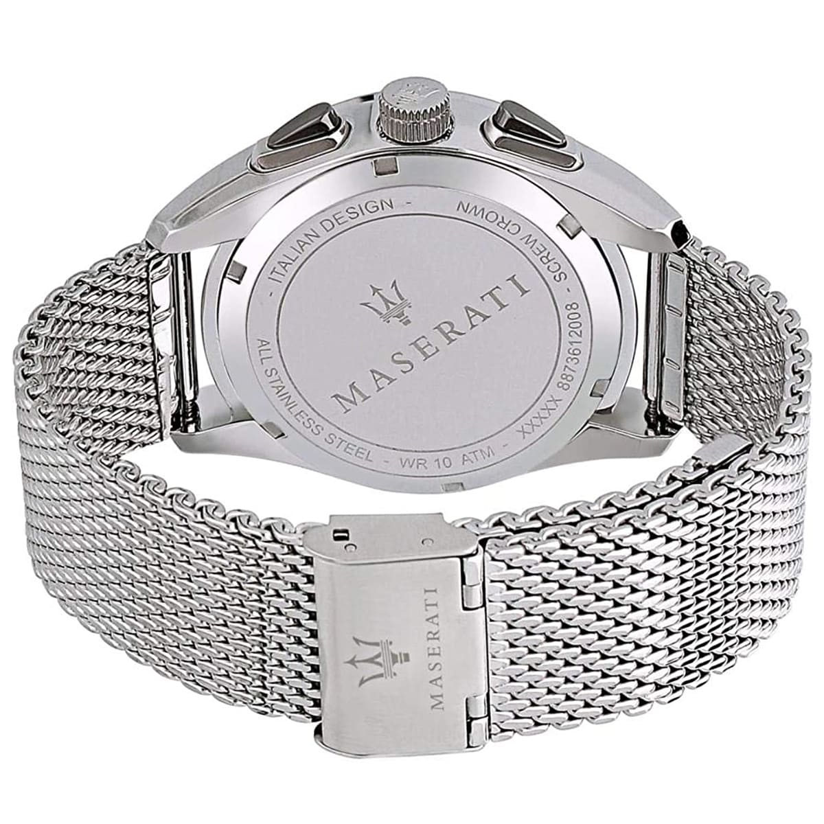 Silver-tone sliding buckle on Maserati Traguardo R8873612008 men's quartz battery metal mesh strap watch