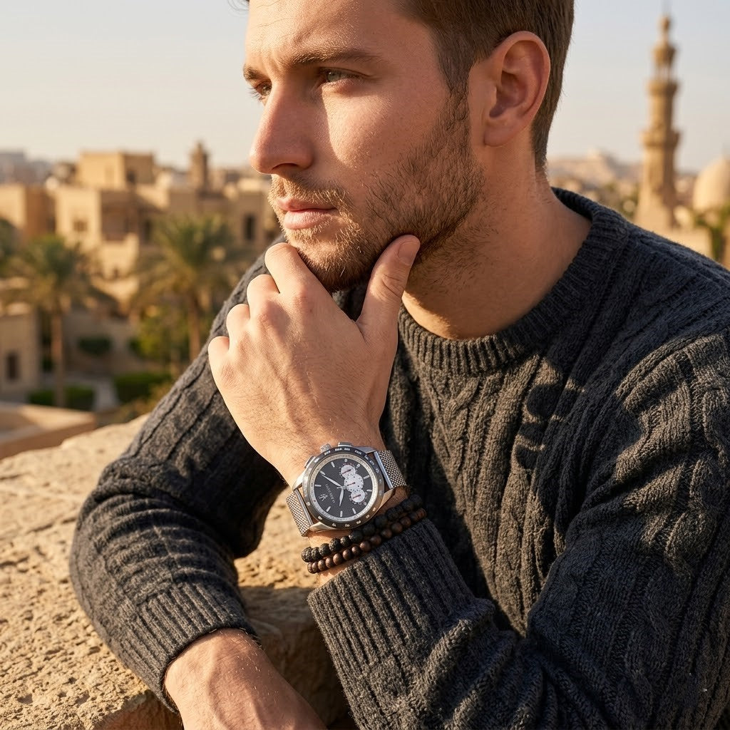 Elegant man wearing Maserati Traguardo R8873612008 men's quartz battery watch with silver case and luxury gray racing dial
