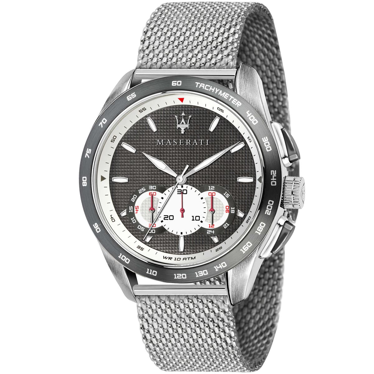 Maserati Traguardo R8873612008 men's quartz battery watch with gray waffle dial, gray tachymeter bezel, silver-tone case, silver mesh strap main view