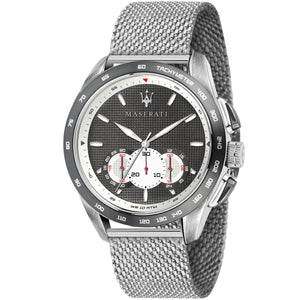 Maserati Traguardo R8873612008 men's quartz battery watch with gray waffle dial, gray tachymeter bezel, silver-tone case, silver mesh strap main view