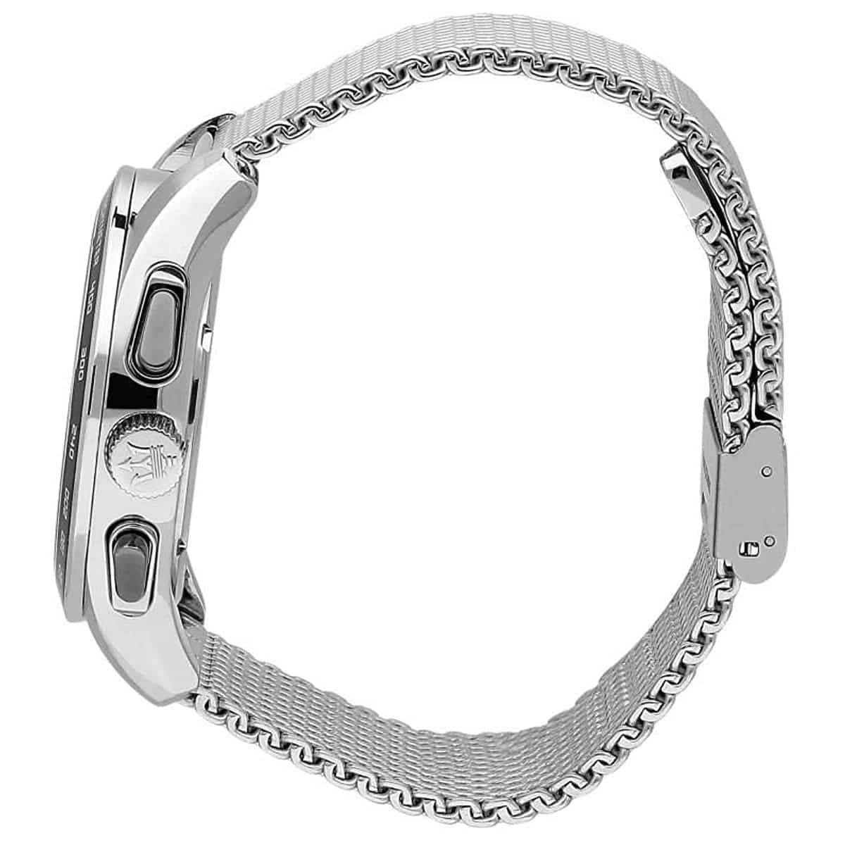 Side profile of Maserati Traguardo R8873612008 men's quartz battery watch showing 12mm thickness and silver finish