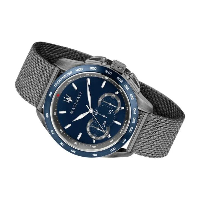 Left angled view of Maserati Traguardo R8873612009 men's quartz battery watch showing gunmetal stainless steel mesh strap and case profile