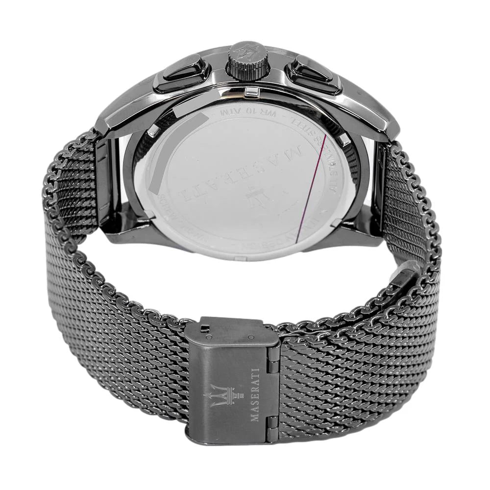 Gunmetal-tone sliding mesh clasp on Maserati Traguardo R8873612009 men's quartz battery gunmetal mesh metal watch