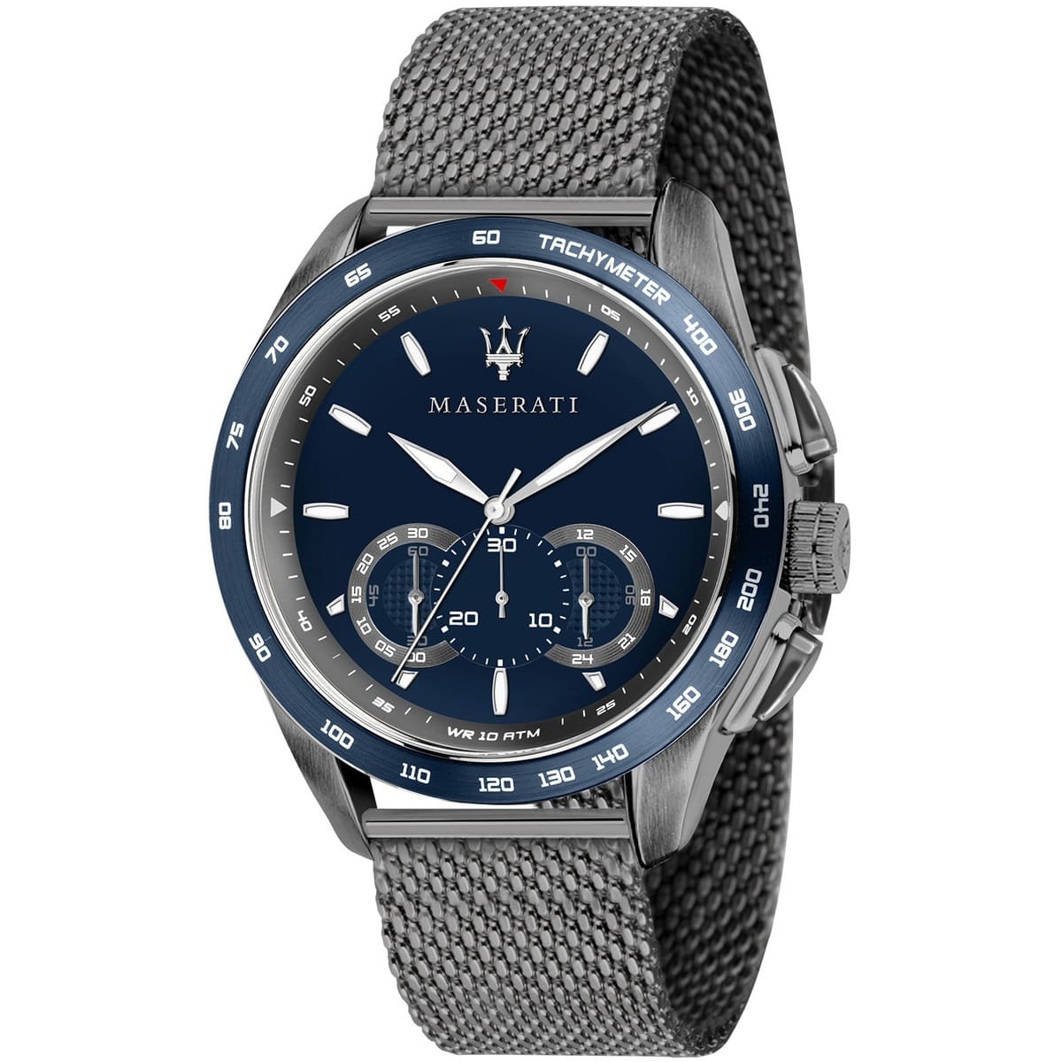 Maserati Traguardo R8873612009 men's quartz battery watch with navy blue sunray dial, gunmetal grey case, blue bezel, gunmetal stainless steel mesh strap main view
