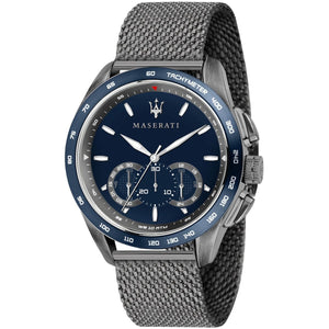 Maserati Traguardo R8873612009 men's quartz battery watch with navy blue sunray dial, gunmetal grey case, blue bezel, gunmetal stainless steel mesh strap main view